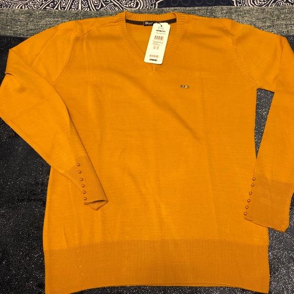 Sweaters - Mustard Colored Sweater with pearls on the sleeve
